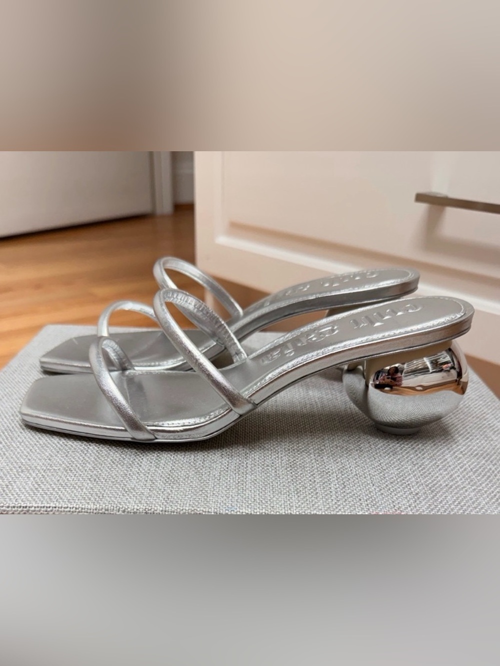 Cult Gaia Metallic Silver Strappy Block-Heel Sandals